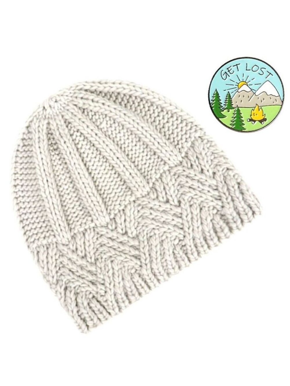 Whitney White Crochet Knit Beanie and Mountain Pin Set Gift Packaged